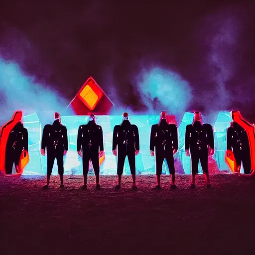 Image similar to unsplash contest winning photo, a giant crowd of men wearing shiny reflective mirrored polygonal man costumes, inside a colorful dramatic unique rocky western landscape, low fog, giant neon frame