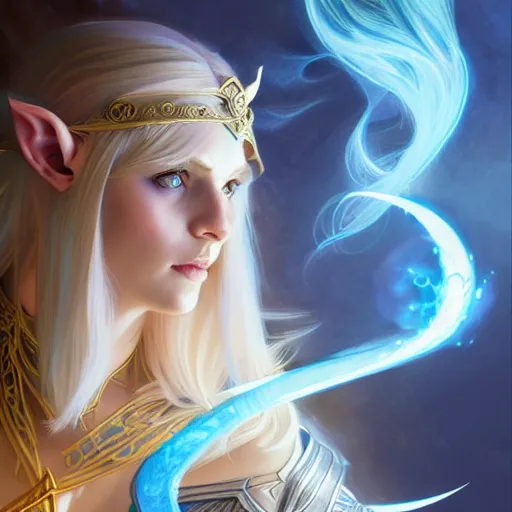 Image similar to half elf sorceress casting a blue spell, D&D, blue eyes, blonde hair, fantasy, intricate, elegant, highly detailed, digital painting, artstation, concept art, smooth, sharp focus, illustration, art by artgerm and greg rutkowski and alphonse mucha