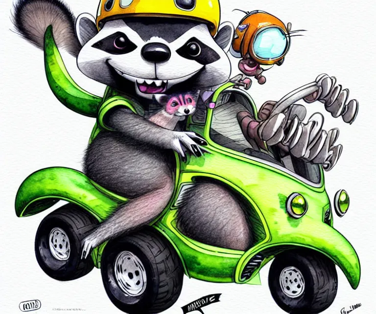 Prompt: cute and funny, racoon wearing a helmet riding in a tiny 2 0 1 7 infinti qx 8 0, ratfink style by ed roth, centered award winning watercolor pen illustration, isometric illustration by chihiro iwasaki, edited by range murata