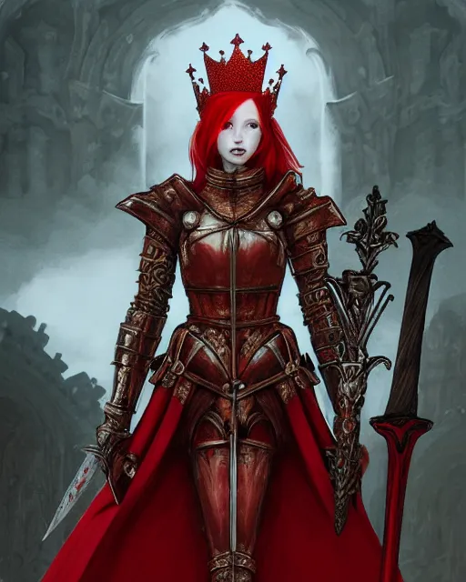 Image similar to redhead queen knight in red armor, inside an epic gothic castle, baroque, large crown, holding sword, face with scars, intimidating, ominous, high fantasy, intricate detail, digital painting, artstation, concept art, smooth, sharp focus, illustration, art by yoshitaka amano and monia merlo and wlop