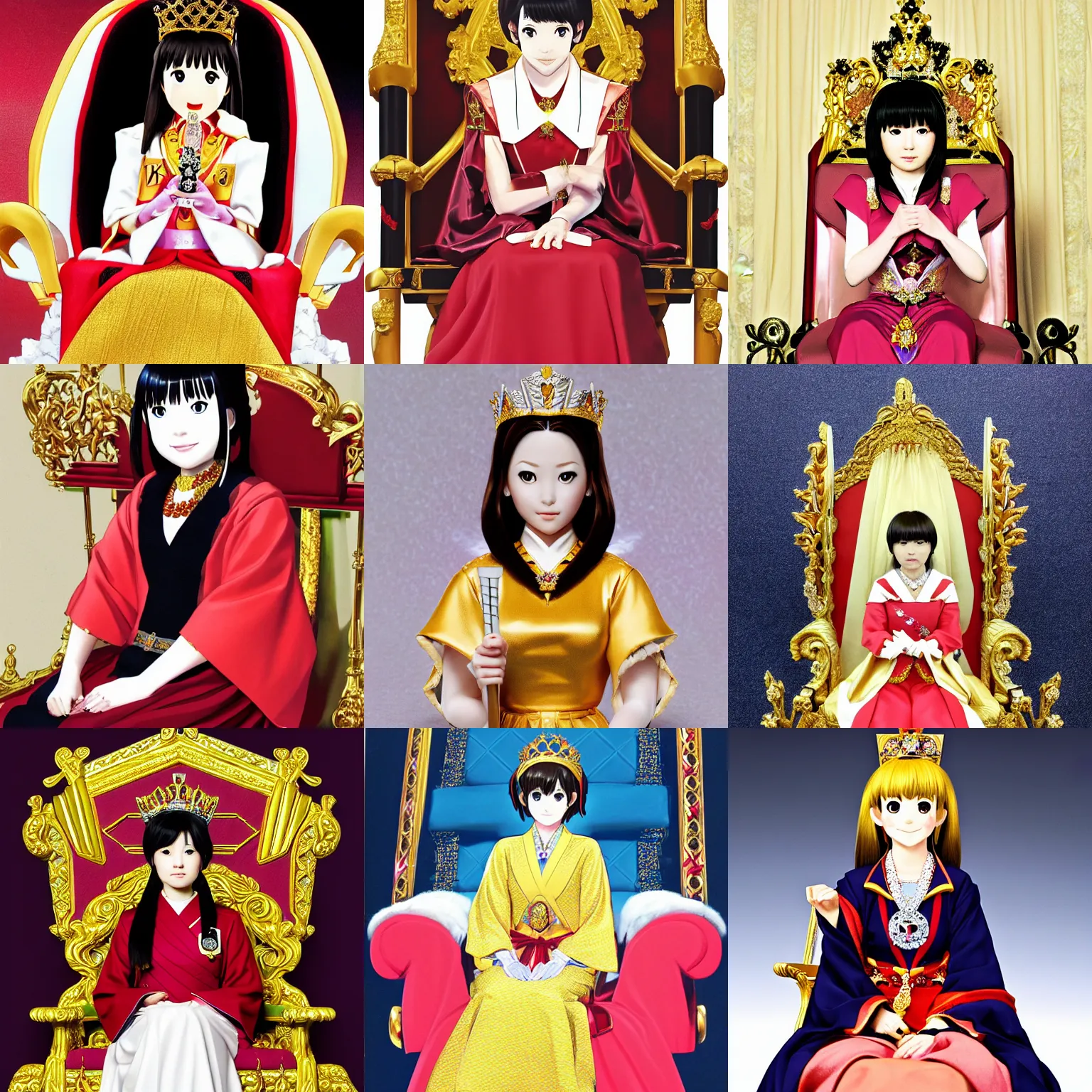 Prompt: regal yui hiwasawa from k-on sitting on queens throne royalty wearing royal mantle gold jewelry by alex ross