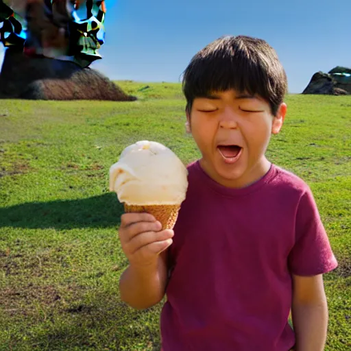 Image similar to a very upset and crying kid holding an ice cream cone but the ice cream is replaced with a moai statue, 4 k photograph