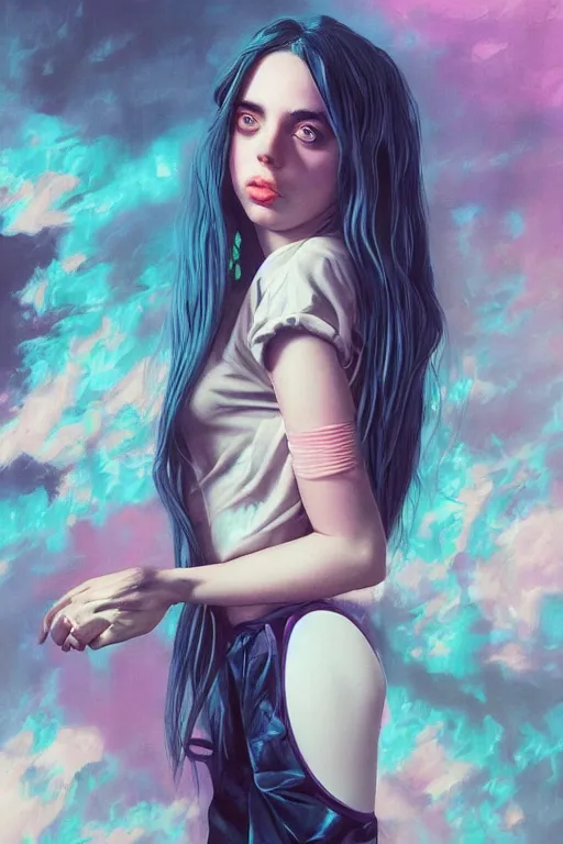 Prompt: billie eilish portrait of a vaporwave girl in a cluttered 9 0 s bedroom, by artgerm, tom bagshaw, gerald brom, vaporwave!, vaporwave colors!, symetrical, 4 k, lo fi colors, lo fi, 4 k, hd,