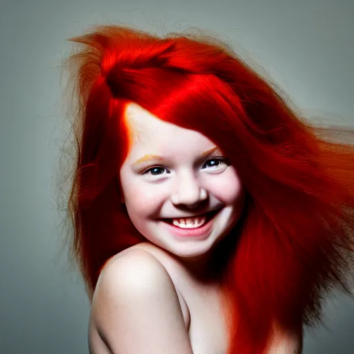 Image similar to artistic photo of a young beautiful girl with red hair looking at the camera, smiling slightly, studio lighting, award winning photo by Annie Liebowitz