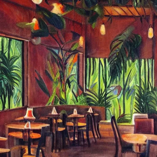 Prompt: a jungle in a cafe, painting