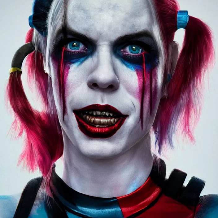 Prompt: portrait of Melanie C as a harley quinn in Suicide Squad. intricate artwork. by wlop, octane render, trending on artstation, very coherent symmetrical artwork. cinematic, hyper realism, high detail, octane render, 8k