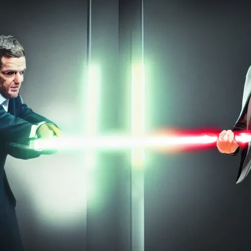 Prompt: a lightsaber battle between two lawyers in a courtroom, photograph, 8k, professional