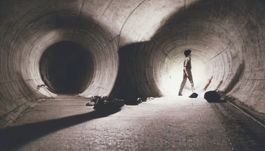 Image similar to 1 9 7 0 s movie still of a man in a tunnel of stomach, cinestill 8 0 0 t