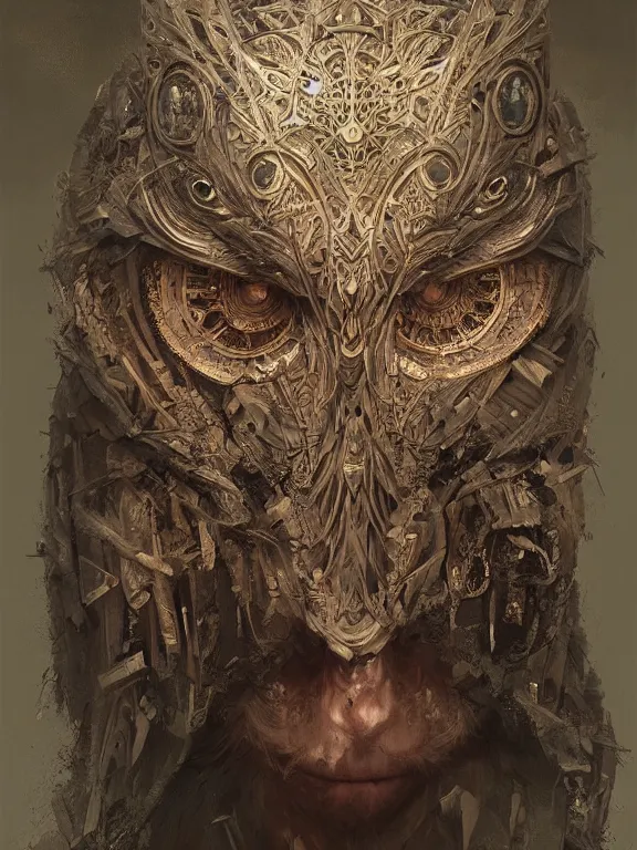 Image similar to a ultradetailed beautiful concept art of a strange human, hiding his face with an intricate wooden mask of an owl, high resolution 4 k, by tom bagshaw, greg rutkowski, charli bowater
