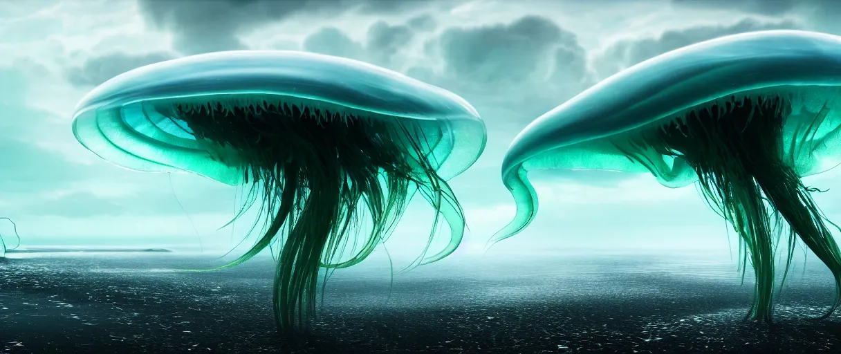 Image similar to a stunning cinematic extreme wide shot of an slick sleek smooth translucent jellyfish sea monster wearing clothes made of seaweed on a dark stormy beach, with huge luminous sad eyes, sharp claws, cgsociety, hd octane render, fantasy, artstation, deviantart, furaffinity, very very clean, super smooth, thunderclouds, thunderstorm