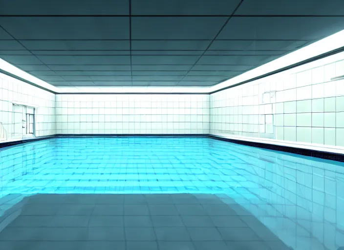 Image similar to cctv footage of a large white empty breakroom with a swimming pool, retrofuturist liminal space, familiar place, clean, black mold, amateur, unreal engine, photorealistic, trending on artstation