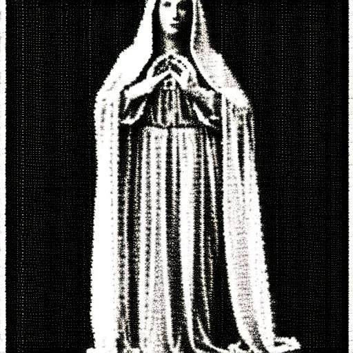 Image similar to vhs static overlay of marian apparition, vhs, 1 9 9 0, highly realistic, highly detailed, vhs noise static, black and white, vhs glitch