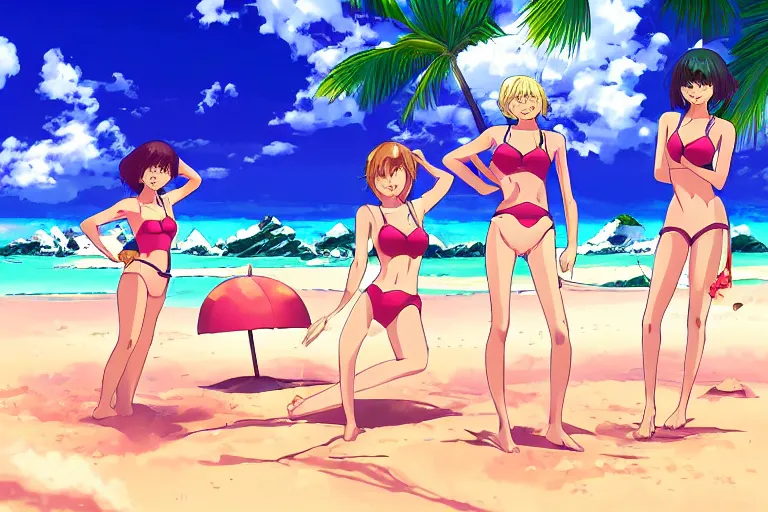 Image similar to cell shaded anime key visual of group of girls in swimsuits on a tropical beach with large crystals in the sand in the style of studio ghibli, moebius, makoto shinkai, dramatic lighting