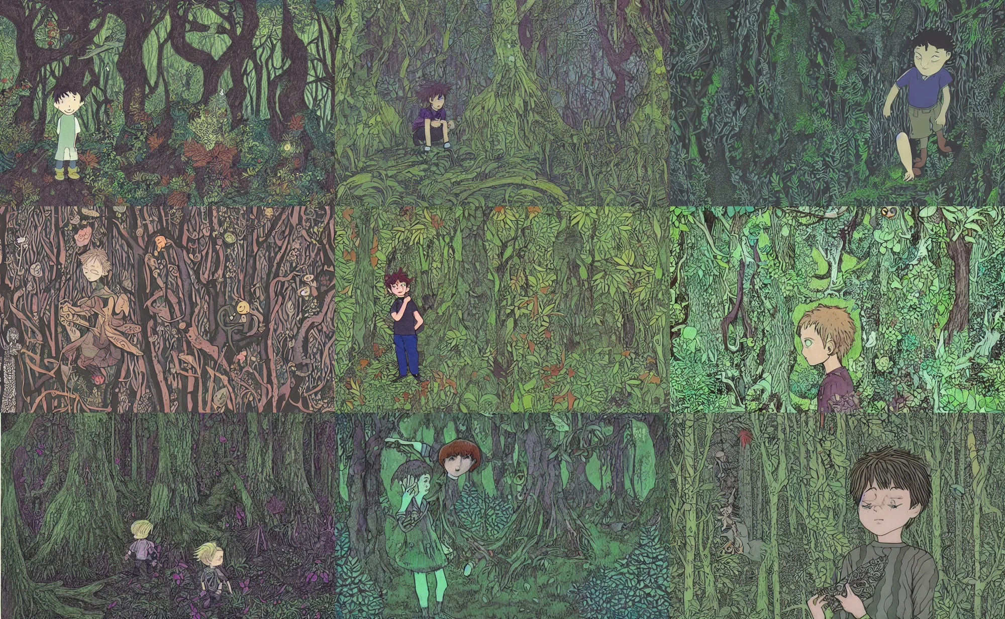 Prompt: children kids book illustration of boy in fantasy forest. dark guache, dark pastels. pencils. dark. complex pattern figurative ornamental. analog. leafy mossy patterns. disney. tim burton alice. ghibli. moebius. textured patterns, orthoview