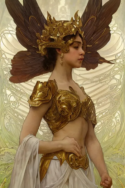 Image similar to full body portrait of a queen wearing white armor with ornate bronze and gold, white gossamer wings, art nouveau, profile, 4K, character concept art, oil painting, trending in artstation, cgsociety, by nekro, Alphonse Mucha, Artgerm, William-Adolphe Bouguereau, Greg Rutkowski