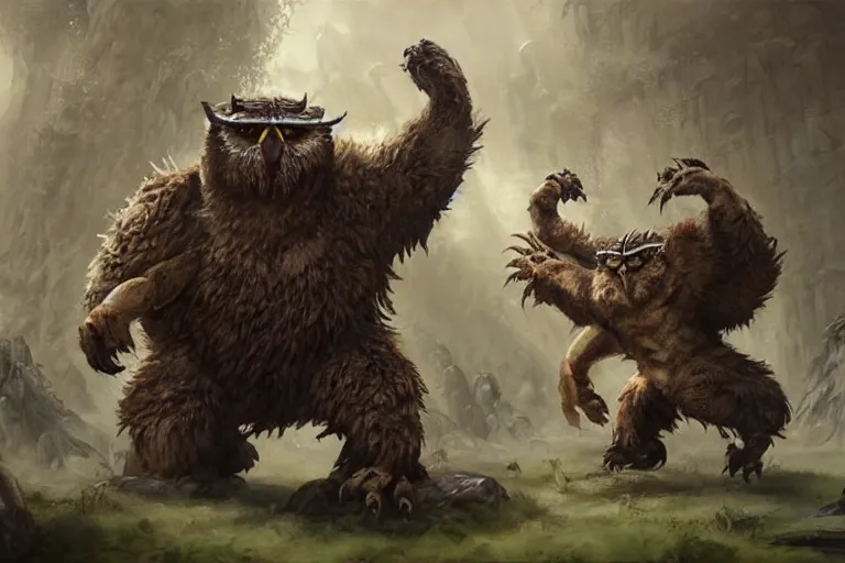 Image similar to An awesome painting of an intimidating large owlbear encounter, video game concept art by Jean Baptiste Monge, Brian Froud, Wizards of the Coast, Magic The Gathering, Blizzard, Games Workshop, Greg Rutkowski, Craig Mullins, WETA, Elder Scrolls.