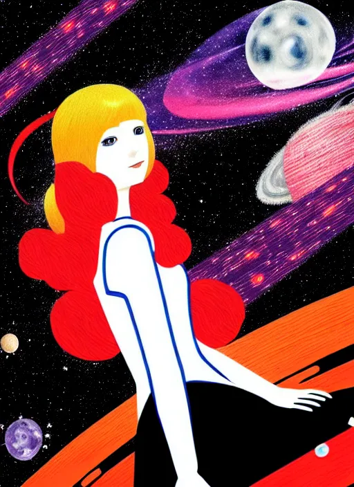 Prompt: highly detailed portrait of a hopeful pretty astronaut lady with a wavy blonde hair, by August Macke, 4k resolution, nier:automata inspired, bravely default inspired, vibrant but dreary but upflifting red, black and white color scheme!!! ((Space nebula background))