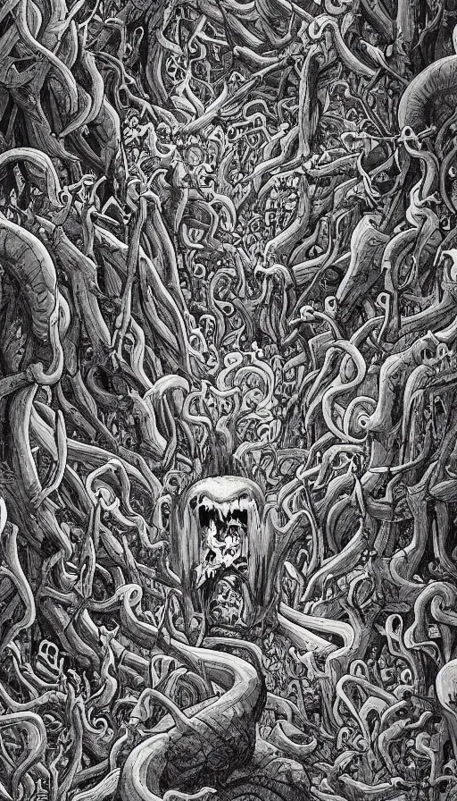 Image similar to a storm vortex made of many demonic eyes and teeth over a forest, by james jean