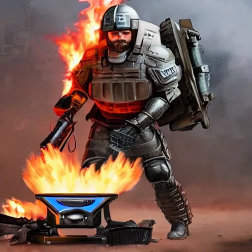 Image similar to angry man in juggernaut armor burning a desktop tower pc with a military flamethrower