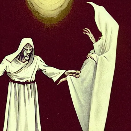 Image similar to jesus in white robes is standing behind nosferatu, about to sink his sharp teeth into nosferatu's neck. nosferatu has a halo over his head