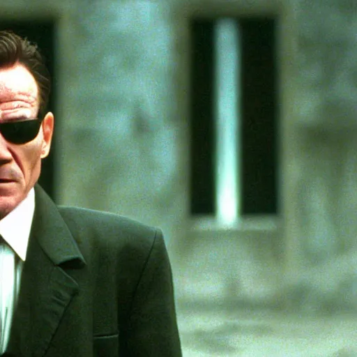 Prompt: film still of Bryan Cranston as Neo in The Matrix (1999)