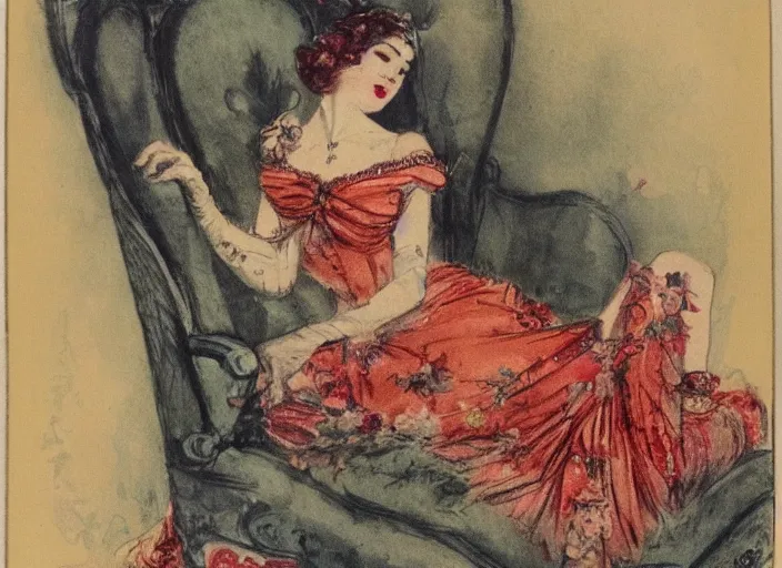 Image similar to Louis Icart, an old elaborate colored drawing of a woman laying eloquently on a sofa, wearing flowing dress with floral motifs, by Louis Icart, highly detailed, masterpiece