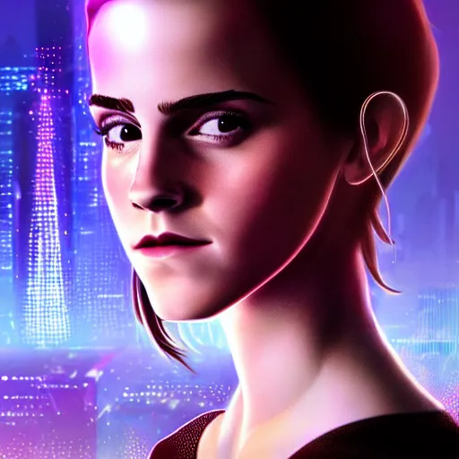 Image similar to Portrait of Emma Watson, the background is a huge futuristic city, cyberpunk style futuristic neon lights, artstation cgsociety masterpiece highly-detailed