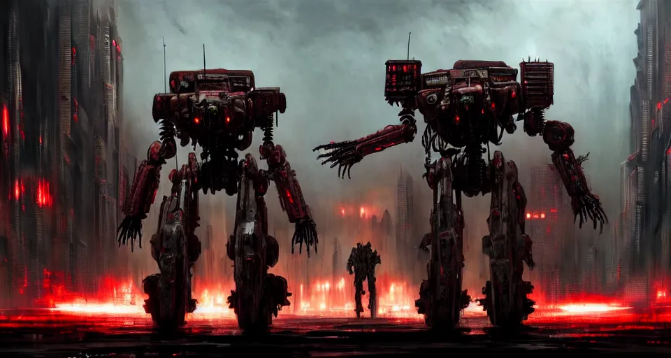 Prompt: bloody - zombie - flesh - battlemech, in a cyberpunk gothic city hyper realistic sci - fi matte concept art painting of dramatic cinematic scene, guns, missiles, explosions, beautiful details, strong composition painted by kim jung guweta studio rutkowski, james gurney and greg rutkowski, and lucasfilm, smooth, intricate, detailed, sharp focus, cinematic