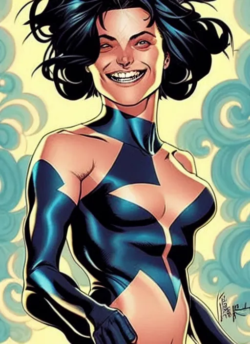 Prompt: Rafeal Albuquerque comic art, Joshua Middleton comic art, pretty female Phoebe Tonkin as Domino superhero marvel comics, fun smile, full body, long wavy black hair:: sunny weather::