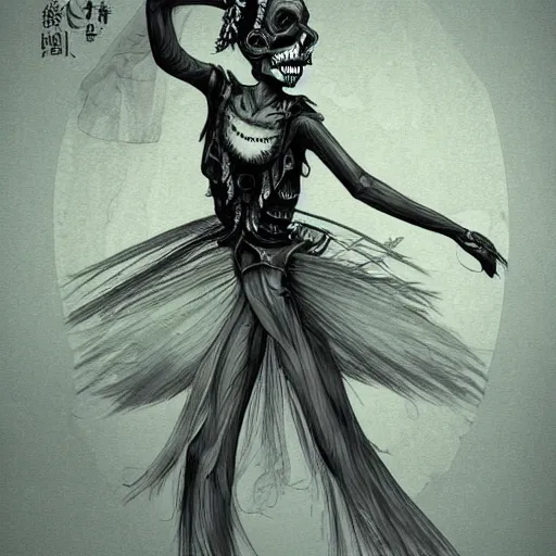 Prompt: aerial dancer in city of skeletons by ueshiba riichi illustration, highly detailed dress, concept art