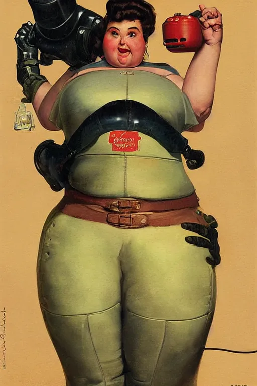 Image similar to 5 0 s pulp scifi fantasy illustration head and upper body portrait cheerful obese woman in leather spacesuit by norman rockwell, roberto ferri, daniel gerhartz, edd cartier, jack kirby, howard v brown, ruan jia, tom lovell, frank r paul, jacob collins, dean cornwell, astounding stories, amazing, fantasy, other worlds