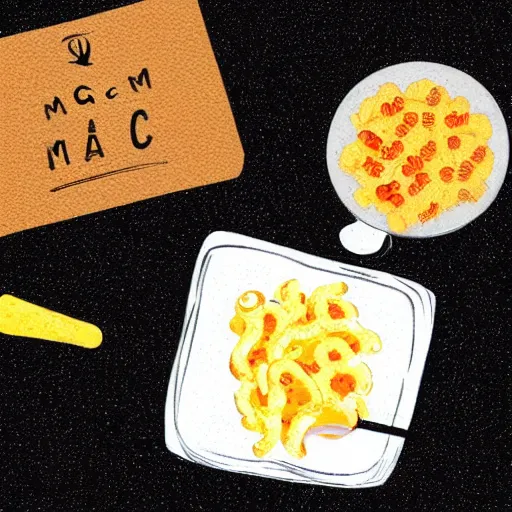 Image similar to an illustration of a box of mac and cheese holding a cup of mac and cheese