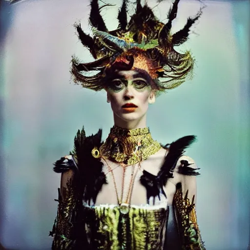 Prompt: kodak portra 4 0 0, wetplate, photo of a surreal artsy dream scene,, weird fashion, ultra - realistic face, extravagant dress, carneval, animal,, photographed by paolo roversi style
