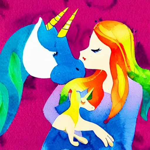 Image similar to girl and unicorn, illustration, cute watercolor children book colorful