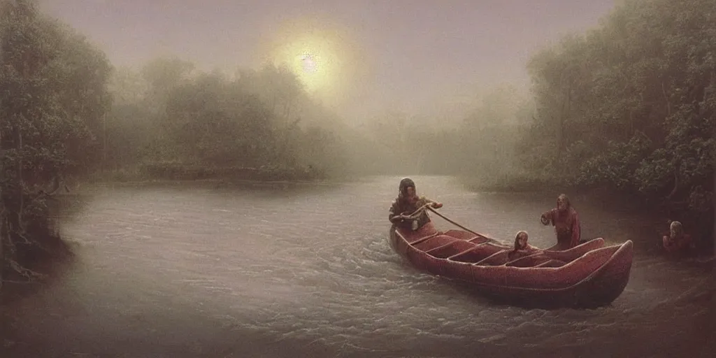 Prompt: A very detailed painting in the style of Beksinski featuring a river in Europe surrounded by trees and fields. A rubber dinghy is slowly moving through the water. Sun is shining