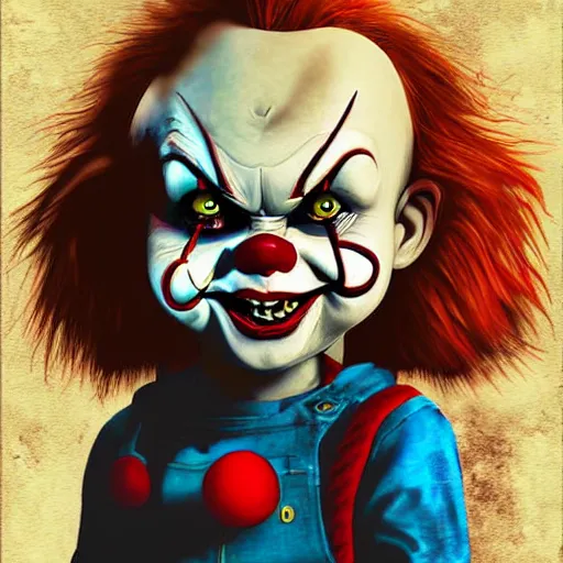 Image similar to chucky pennywise style, digital art, illustration, well detailed