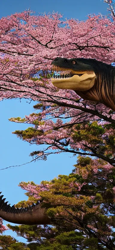 Image similar to “ a portrait photo of tyrannosaurus at a sakura tree, side shot, by shunji dodo, 8 k resolution, high quality ”