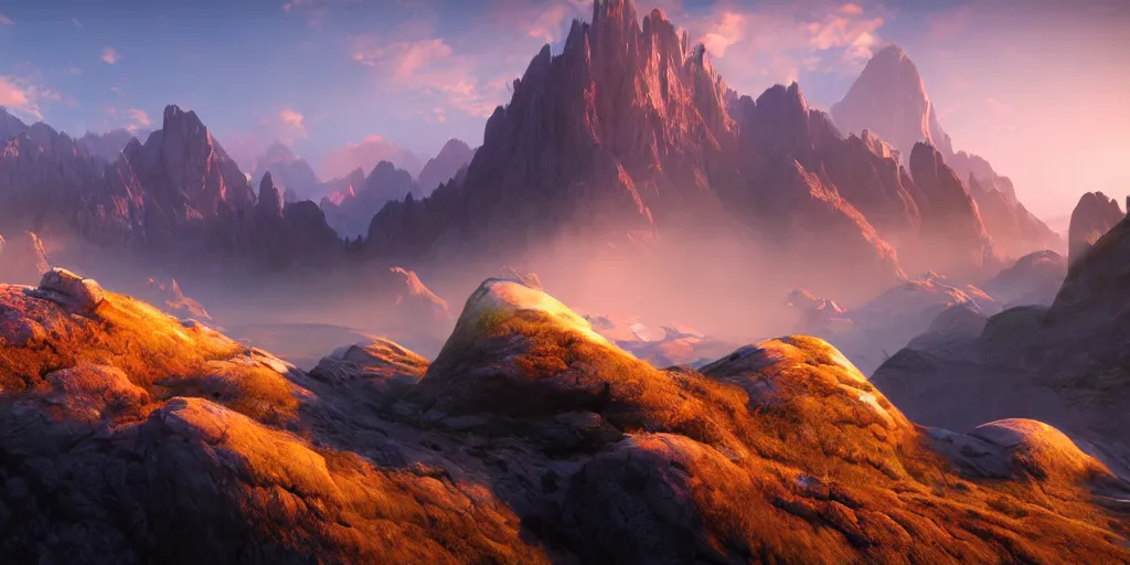 Image similar to epic mountains, dawn, sunrise colors, fantasy illustration, matte painting, concept art, low angle shot, volumetric lighting, volumetric atmosphere, morning mist, art by james gurney, unreal engine 5, 8 k