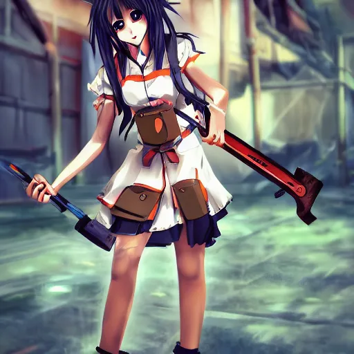 Image similar to anime girl holding a saw, action pose, highly detailed beautiful, pixiv