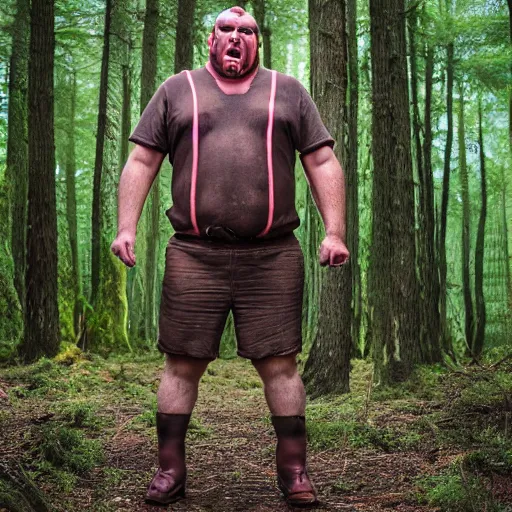 Image similar to big butcher man posing scarily, earie setting, in a forest, horror, hyperdetailed