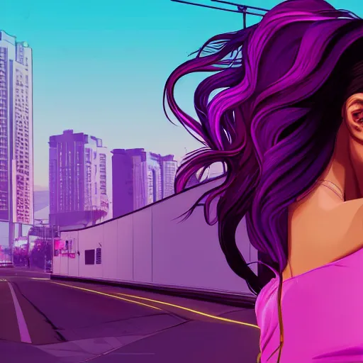 Image similar to a stunning GTA V loading screen with a beautiful woman with ombre hairstyle in purple and pink blowing in the wind, city streets, golden ratio, digital art, trending on artstation