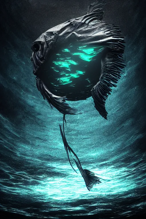 Image similar to an abyssal lumininescent scary fish swimming in the dark depths of the ocean, horror, dark art, 3 d render, digital art, digital painting, volumetric light.