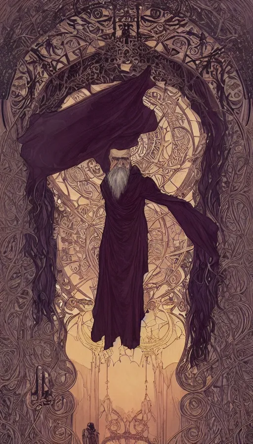 Prompt: one old man wore a black cloak, a black cloak and a white beard, highly detailed, very intricate, art nouveau, gold filigree, left right symmetry, tarot concept art watercolor illustration by mandy jurgens and alphonse mucha and alena aenami, featured on artstation