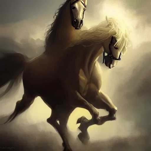 Image similar to a pale, yellowish horse. The one who rode him was called Death, and he was followed by the representative of the realm of death. , digital Art, Greg rutkowski Trending artstation