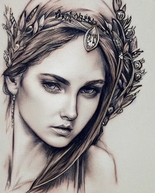 Image similar to realism tattoo sketch of a beautiful greek goddess aphrodite with piercing eyes wearing a laurel wreath and triangle earrings, in the style of greg rutkowski, amazing detail