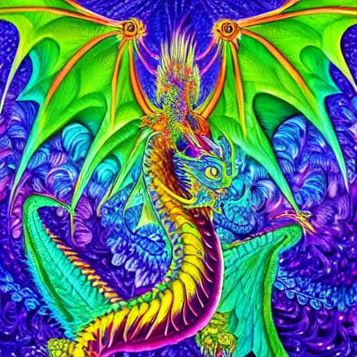 Image similar to a painting of a dragon with a psychedelic look, a detailed painting by lisa frank and alex grey, reddit contest winner, psychedelic art, detailed painting, psychedelic, ( ( pointilism ) ), made of crystals