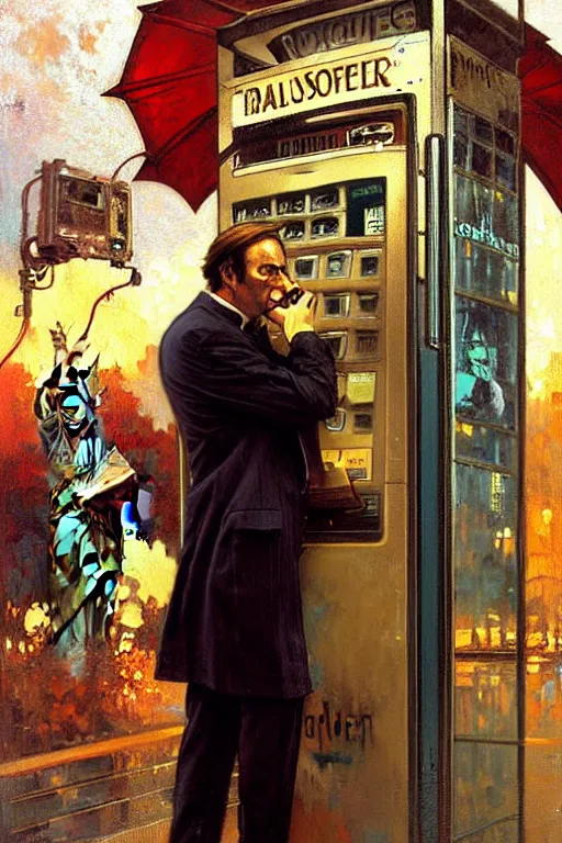 Prompt: saul goodman at a payphone, painting by'phil hale '!!! gaston bussiere, craig mullins, greg rutkowski, alphonse mucha, lady liberty