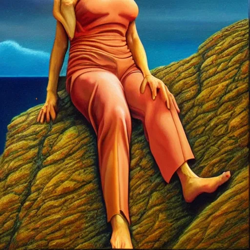 Image similar to a painting of a woman sitting on a cliff, a character portrait by barclay shaw, cg society, fantastic realism, official art, 1 9 9 0 s, academic art