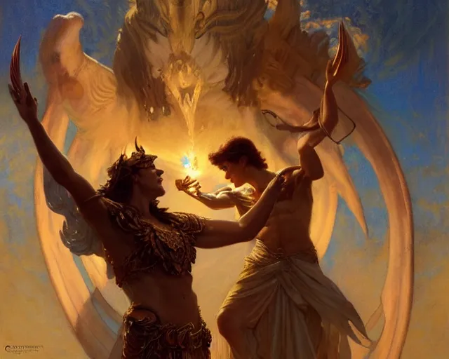 Image similar to attractive pagan male deity, summoning handsome lucifer morning star. highly detailed painting by gaston bussiere, craig mullins, j. c. leyendecker 8 k