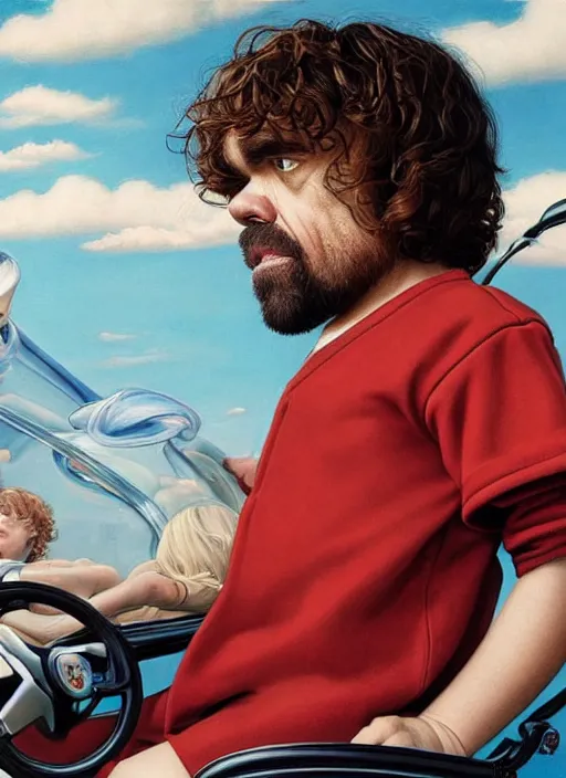 Prompt: ultrawide angle colour portrait masterpiece photography of peter dinklage driving a little tikes crazy coupe by annie leibovitz michael cheval miho hirano moebius josh kirb